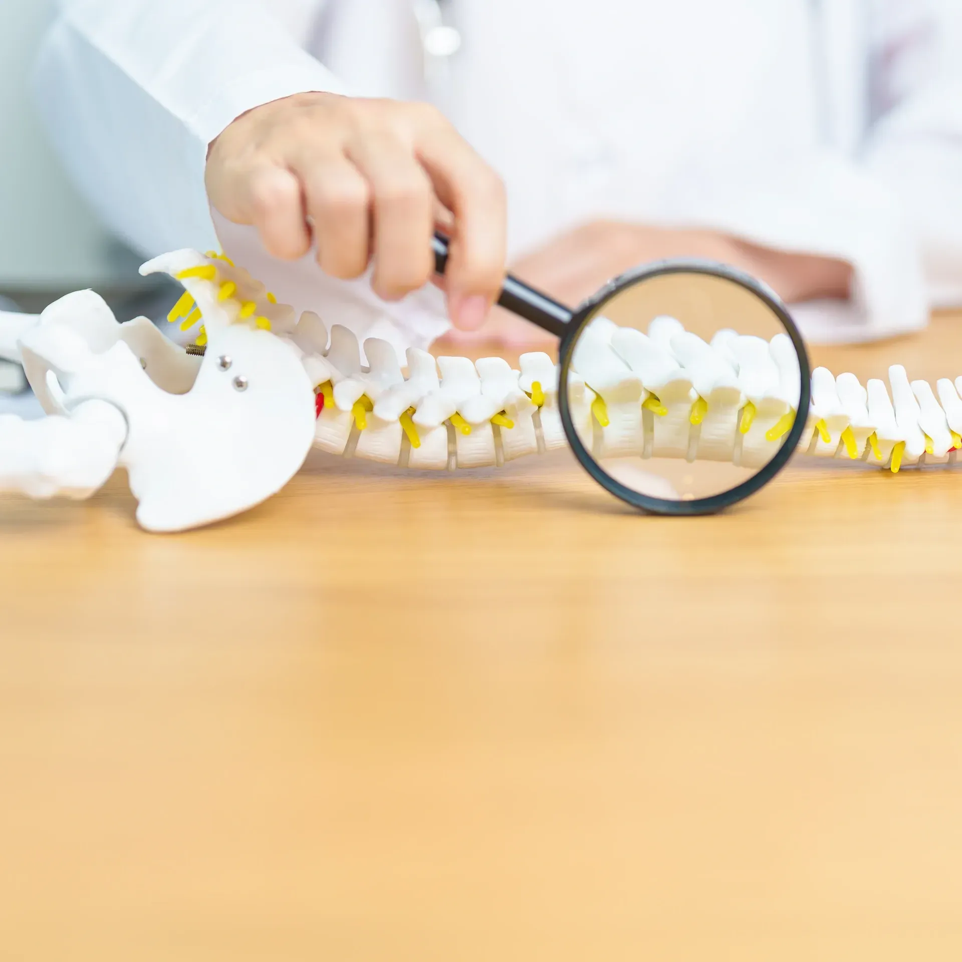 Examining a spine model with a magnifying glass